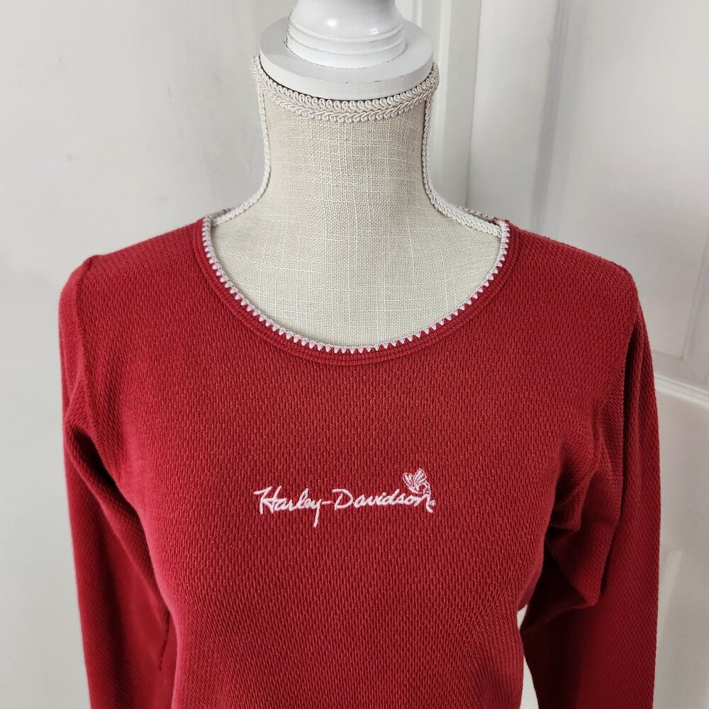 Vintage Harley Davidson Top XL Red Y2K VTG Waffle Knit Butterfly USA Made Slim